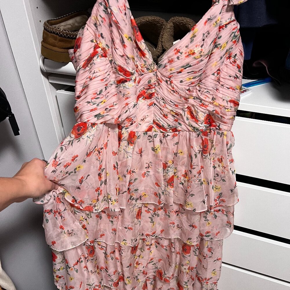 MAC DUGGAL Floral Chiffon Ruffled Pleated Bodice Sleeveless Tiered Maxi Gown 14